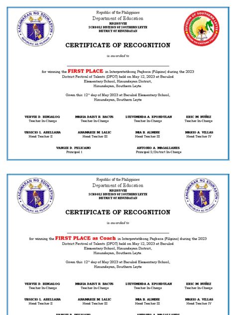 Certificate Of Recognition Interpretatibong Pagbasa Filipino