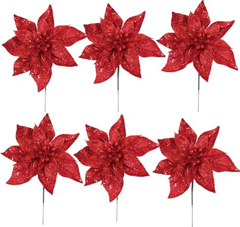 Larksilk Red Glitter Poinsettia Flower Pick Artificial Wreath And Christmas Tree