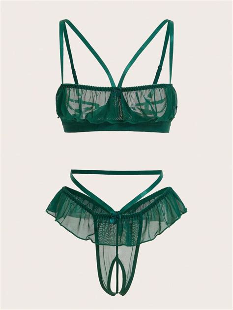 Classic Sexy Ruffle Trim Mesh Lingerie Set SHEIN UK