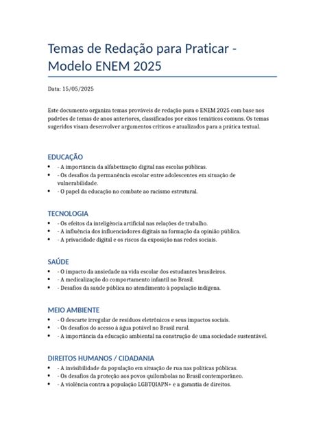 Temas de Redação ENEM 2025 | PDF