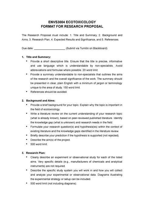 Envs3004 Research Proposal Format Envs3004 Ecotoxicology Format For Research Proposal The