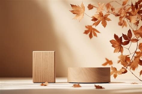 Premium Ai Image Two Wood Podium Display Natural Nude Beige Banner Backdrop With Branch Shadow