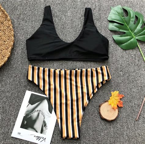 Style Bikini Sexy Stripe High Waisted Split Swimsuit On Luulla