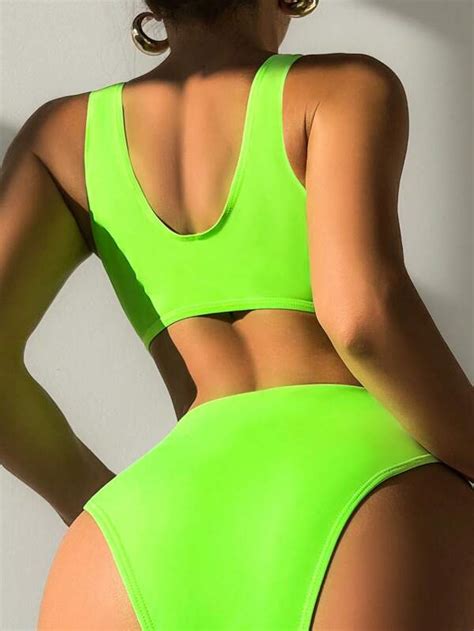 Color Block Bikini Set Surplice Bra High Waisted Bottom Piece Bathing Suit Shein Usa