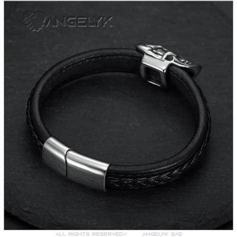 Bracelet Biker Skull Tête De Mort Crâne Cuir Véritable Noir Acier