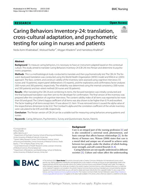 PDF Caring Behaviors Inventory 24 Translation Cross Cultural