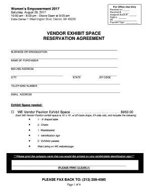 Fillable Online VENDOR EXHIBIT SPACE RESERVATION AGREEMENT Fax Email