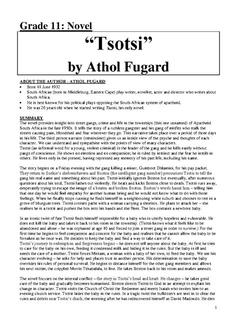 Grade 11: Summary of Athol Fugard's Novel "Tsotsi" and Character