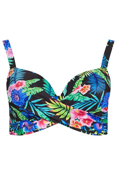 YOURS Plus Size Black Tropical Floral Print Underwired Bikini Top Yours Clothing