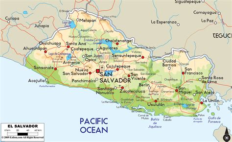 large physical map  el salvador  roads cities  airports el