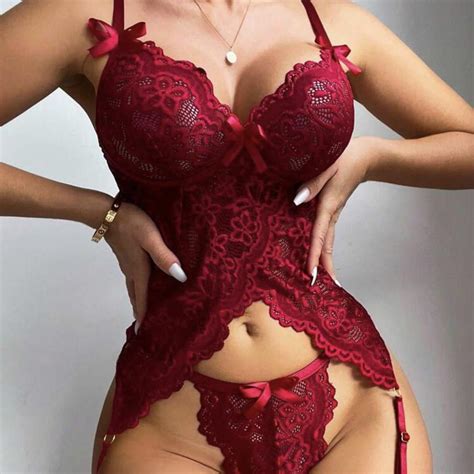 Floral Lace Bow Front Garter Lingerie Set Depop