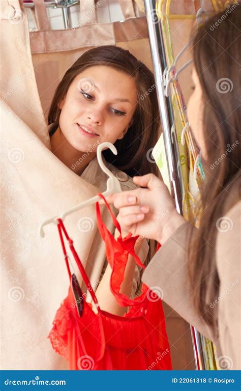 Lingerie Shop Two Happy Women In Changing Room Stock Photography
