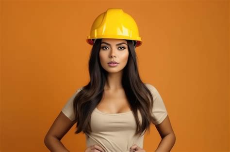 Premium AI Image Cute Hot Woman Wearing Safety Helmet As Construction Worker In The Style Of