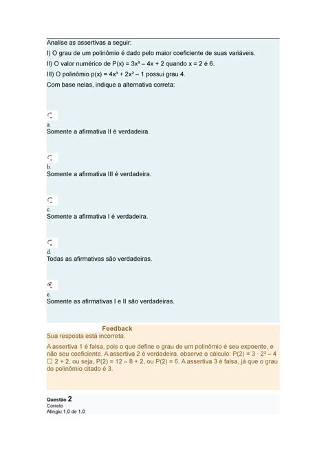 Analise As Assertivas A Seguir - Analise as assertivas a seguir - II) O valor numérico de P(x) = 3x² ...