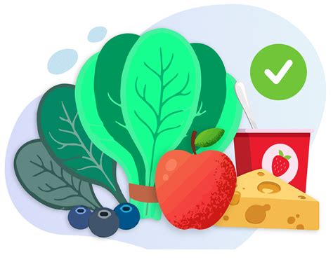 Illustration of leafy greens, berries, an apple, yogurt and cheese to