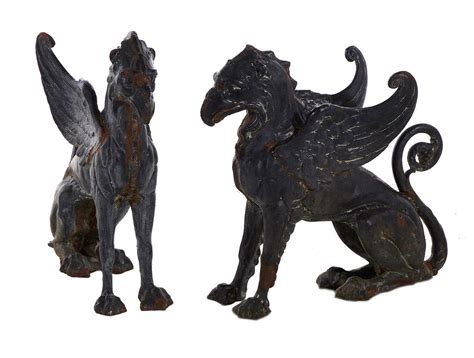 Lot Pair Cast Iron Garden Figures Of Griffons