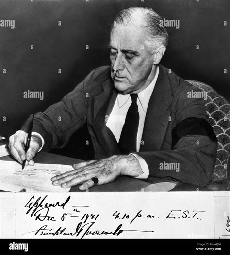 Us President Franklin D Roosevelt Signs Declaration Of War Against