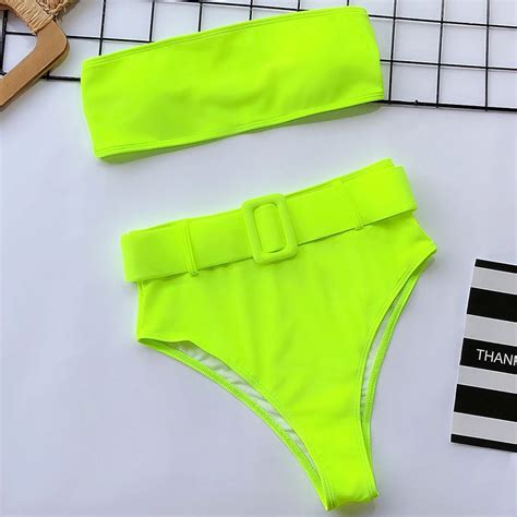 Sexy Neon Green Swimsuit High Waist Bikini Women Thong Swimwear Female Two Pieces Bikini