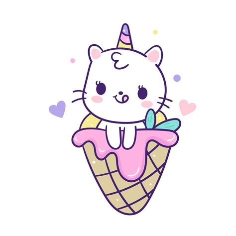 Dibujos Animados Lindo Unicornio Gato Con Helado 667693 Vector En Vecteezy