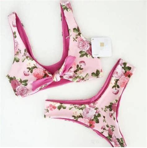 Pink Sexy Chest Bowknot Floral Print Two Piece Bikini Set On Luulla