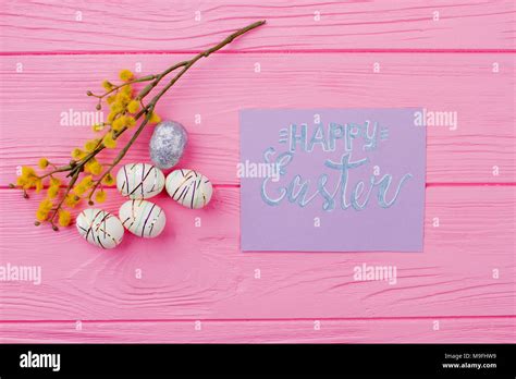 Happy Easter Background With Pussy Willow Easter Styrofoam Eggs Yellow Pussy Willow Twig And