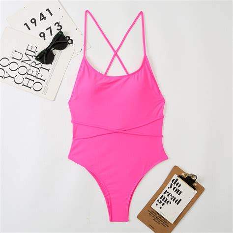 Jucleo Criss Cross Back Bikini One Piece Women Swimsuit Swimwear Female Solid Push Up Thong