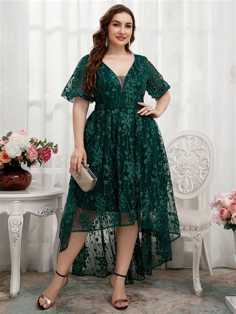 Plus Mesh Insert Lantern Sleeve High Low Hem Lace Formal Dress Plus