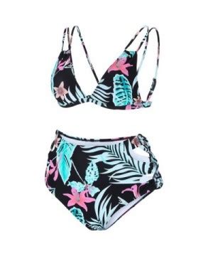 High Waisted Print Bikini Set Cut Out Strappy Swimsuit For Women Floral Leaf CF1888HGNEK