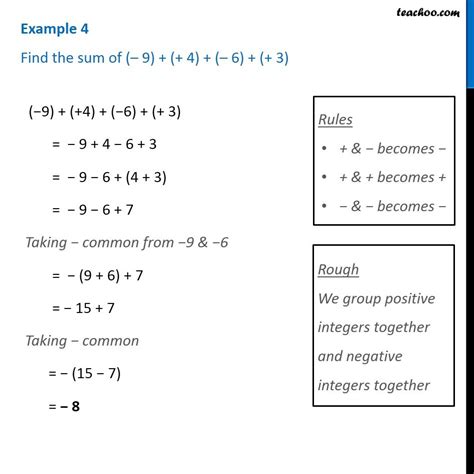 Example 4 - Find the sum of (- 9) + (+ 4) + (- 6) + (+ 3) - Teachoo