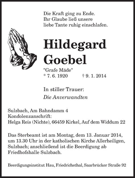 Traueranzeigen Von Hildegard Goebel Saarbruecker Zeitung Trauer De