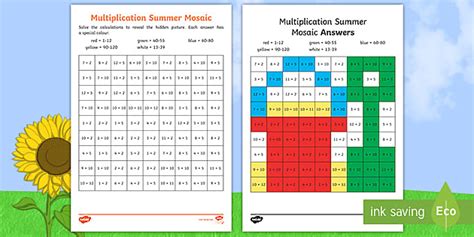 Summer Themed Multiplication Mosaic Worksheet Twinkl