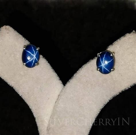 Blue Star Sapphire Earrings Dainty Handmade Studs Diamond Studs 925