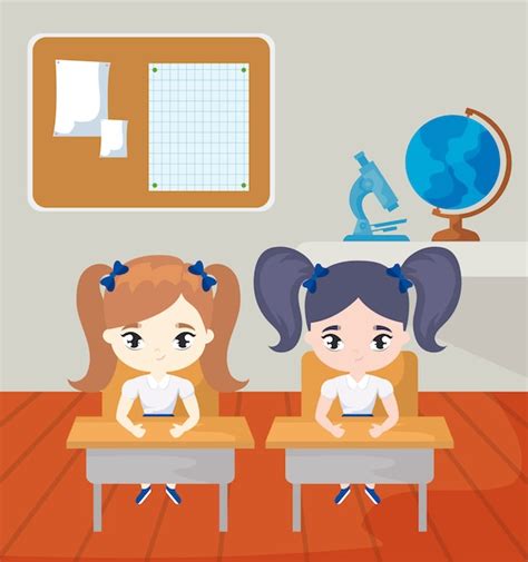 Premium Vector Little Student Girls In The Classroom Scene