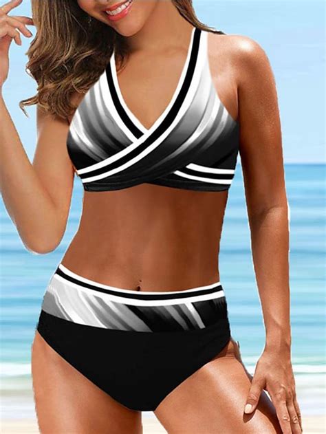 Dames Zwemkleding Bikini Stuks Grote Maten Zwempak Blote Rug Stuks Streep Sexy Opdrukken