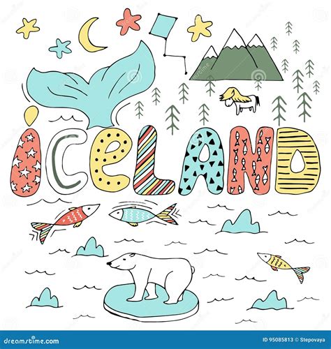 Iceland Hand Drawn Cartoon Map. Cute Illustration With Travel Landmarks, Animals And Natural ...