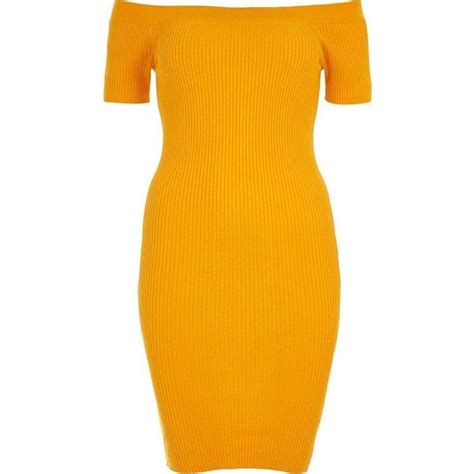 River Island Orange Rib Lace Up Back Bardot Bodycon Dress 60 Liked