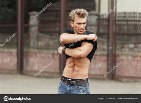 Handsome Fashion Model Man Naked Torso Shoots Shirt Street Stock Photo By Alonesdj 207814046