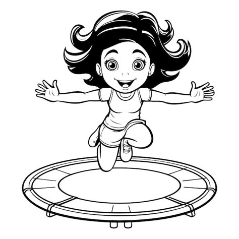 Petite Fille Sautant Sur Un Trampoline Illustration Vectorielle En Noir