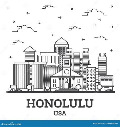 Outline Honolulu Hawaii USA City Skyline with Modern Buildings Isolated