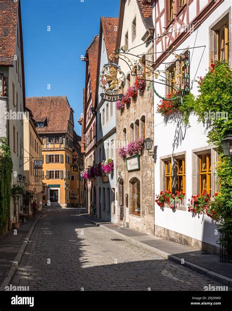 Picturesque cobbled street at Rothenburg ob der Tauber, a famous