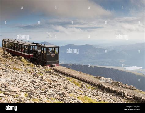 Snowdon Mountain Railway train, summit of Snowdon, Snowdonia National Park, Gwynedd, Wales, UK ...