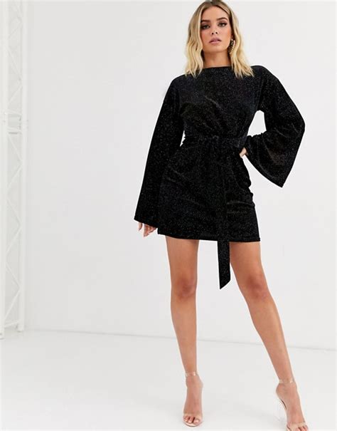 Boohoo Robe Courte En Velours Avec Manches évasées Et Ceinture Noir Asos