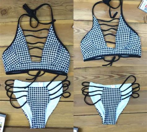 Women Push Up Padded Bra Bandage Bikini Set Swimsuit Triangle Swimwear Bathing Plaid Costume