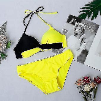 Kvinder Farveblok Bikini S T Polstret Skub Op Badet J Badedragt Grime Hals Badedragt Fruugo Dk