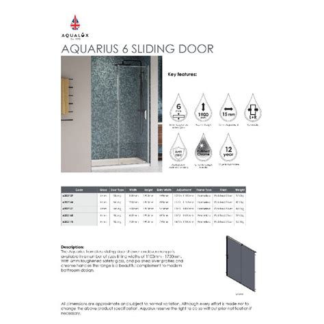 Aqualux Aquarius6 1900mm H Single Sliding Frameless Shower Door With