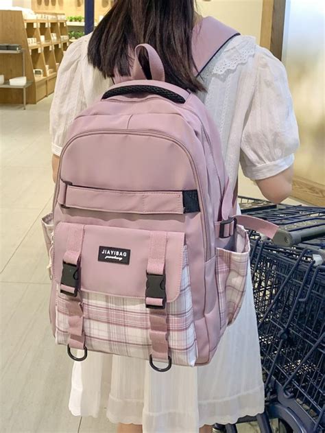 Plaid Pattern Release Buckle Letter Patch Decor Functional Backpack