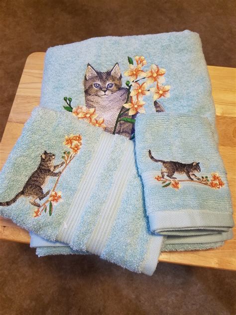 Gray Cat Embroidered Towels Pick The Size Of Set And Towel Color Bath