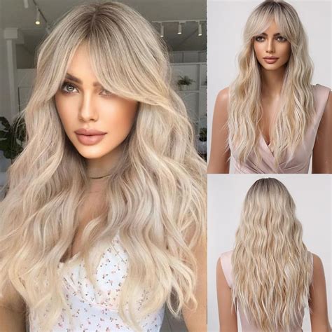 Blonde Platin Perücke für Frauen Lange Lockige Kunsthaar mit Bangs Welle Perücken mit dunklen