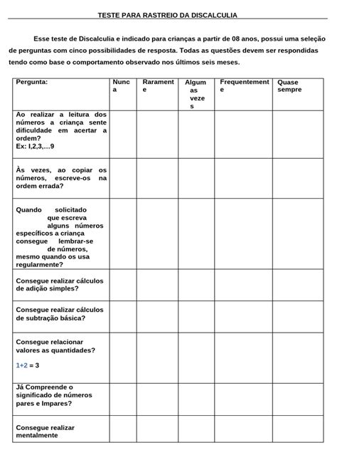 Teste De Discalculia - Teste de Discalculia para Crianças | PDF | Matemática