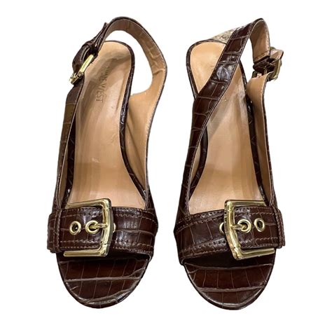 Nine West Brown Crocodile Peep Toe Slingback Wedges Gem